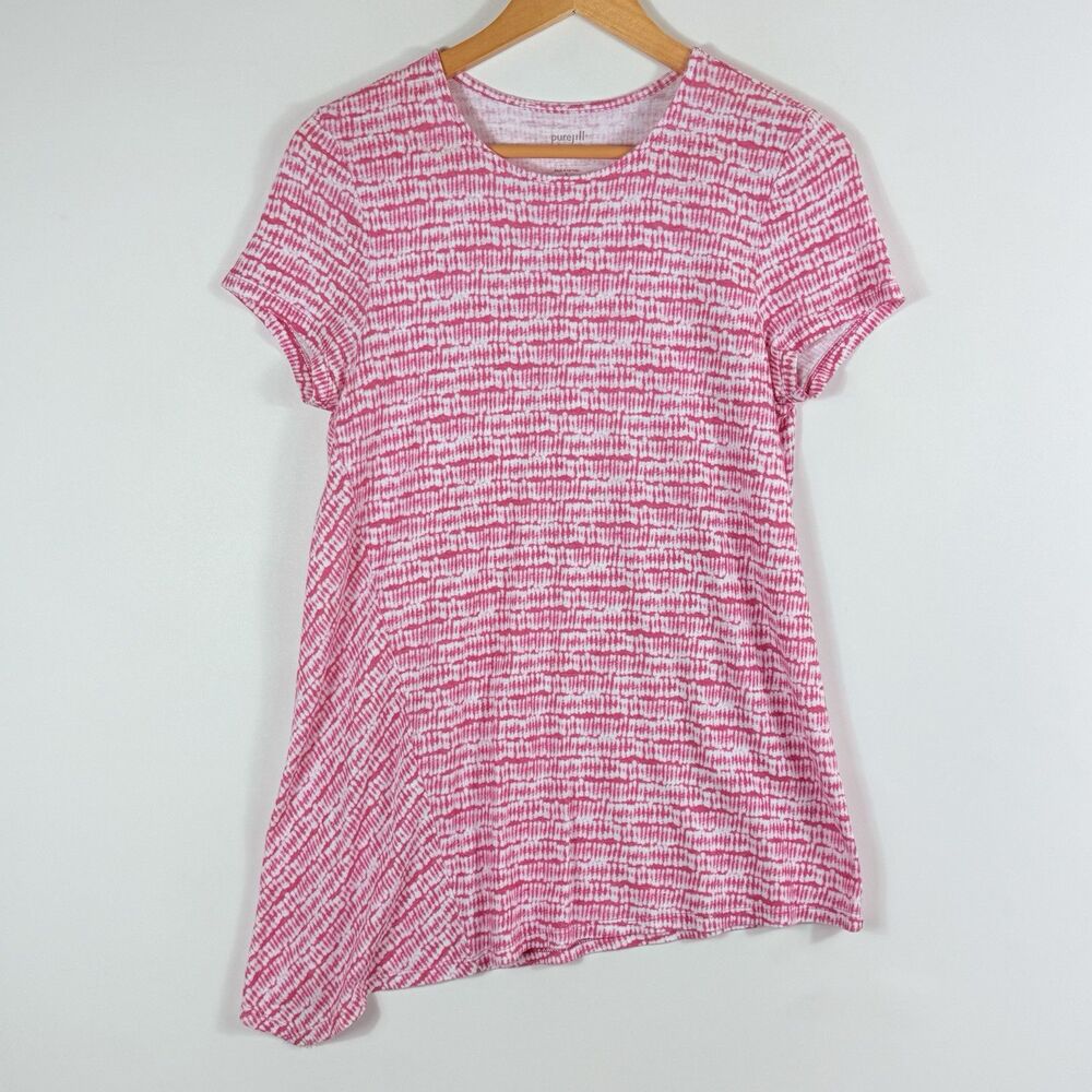J. Jill PureJill Asymmetric Tee Women Small Pink White Abstract Artsy Lagenlook